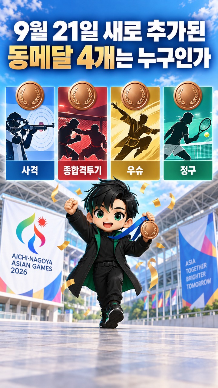 아이치·나고야 아시안게임 한국 메달 18개, 9월 21일 오후 5시까지 동메달 4개 추가 - 9월 21일 새로 추가된 동메달 4개는 누구인가 핵심 내용을 정리한 정보형 이미지