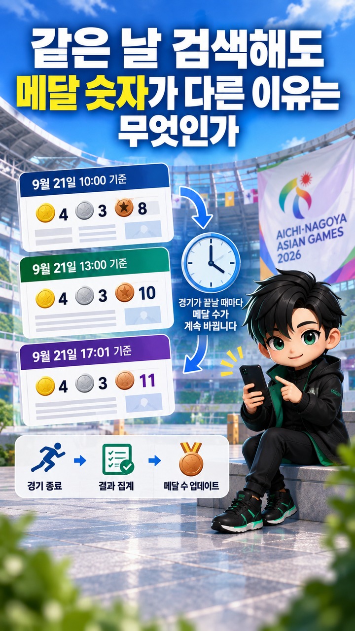아이치·나고야 아시안게임 한국 메달 18개, 9월 21일 오후 5시까지 동메달 4개 추가 - 같은 날 검색해도 메달 숫자가 다른 이유는 무엇인가 핵심 내용을 정리한 정보형 이미지