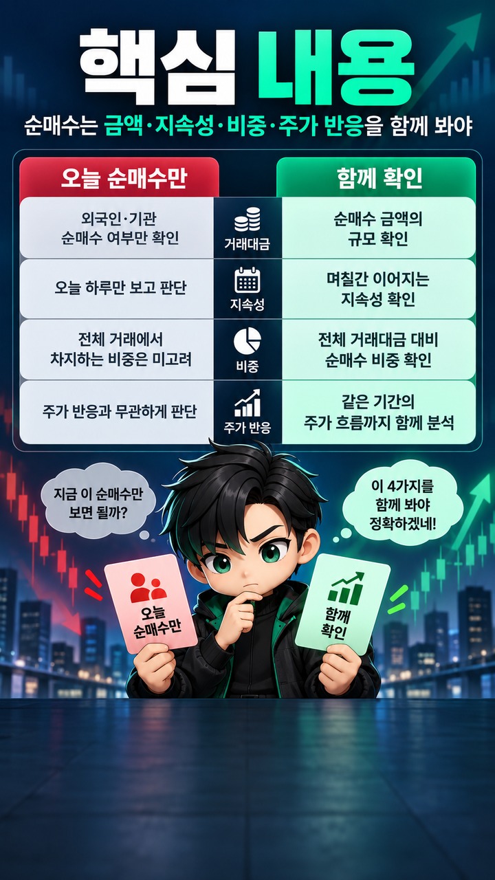주식 수급 분석 방법 주식 수급 분석 방법, 외국인·기관 순매수는 금액·지속성·가격까지 같이 봐야 한다 - 핵심 내용 핵심 내용을 정리한 정보형 이미지