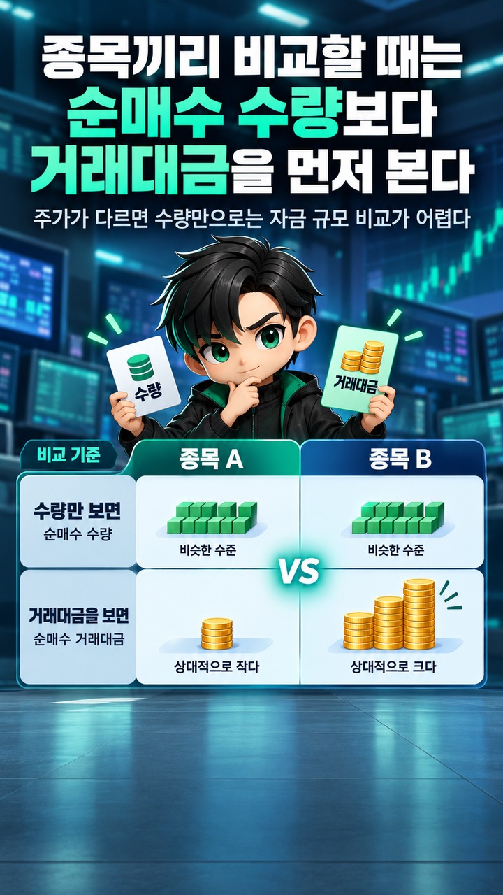 주식 수급 분석 방법 주식 수급 분석 방법, 외국인·기관 순매수는 금액·지속성·가격까지 같이 봐야 한다 - 종목끼리 비교할 때는 순매수 수량보다 거래대금을 먼저 본다 핵심 내용을 정리한 정보형 이미지