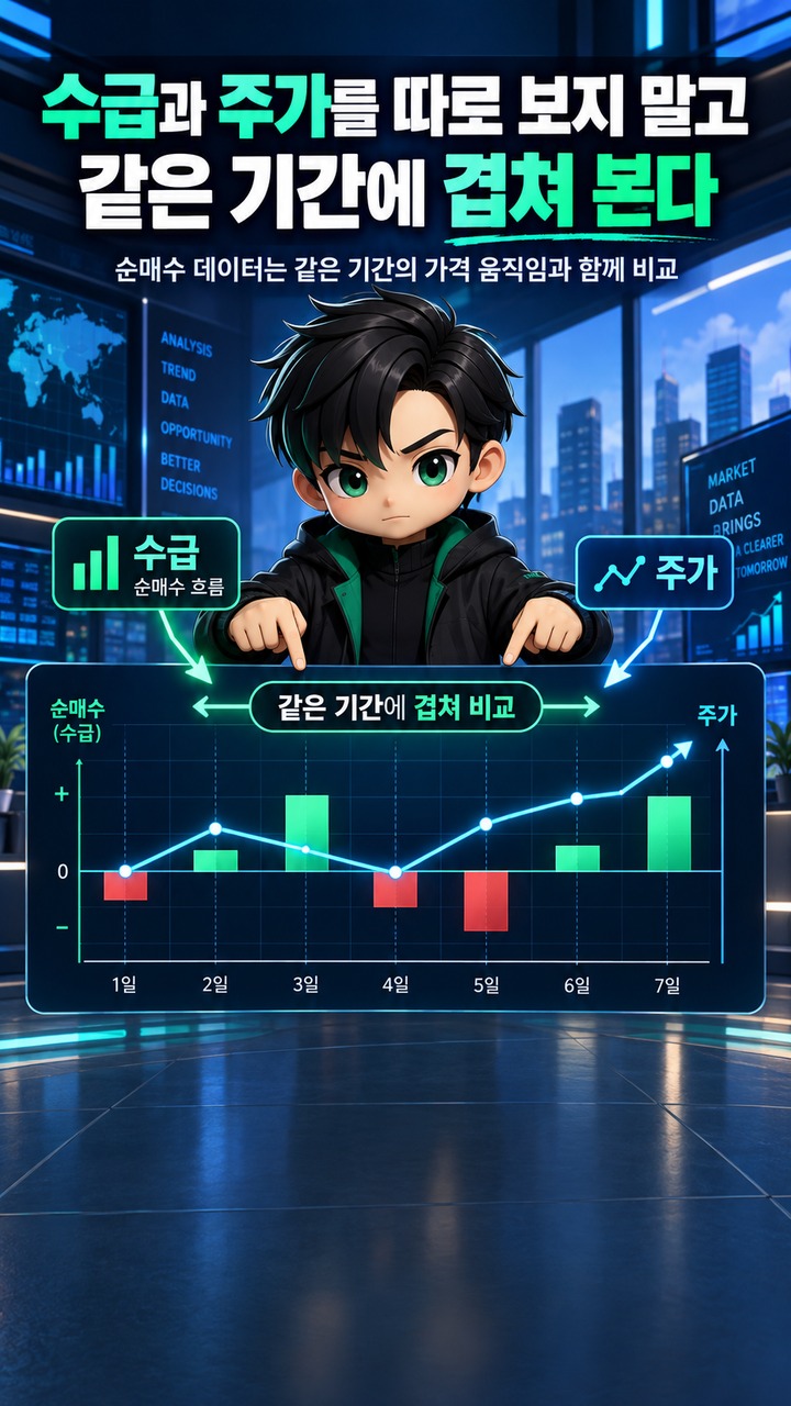 주식 수급 분석 방법 주식 수급 분석 방법, 외국인·기관 순매수는 금액·지속성·가격까지 같이 봐야 한다 - 수급과 주가를 따로 보지 말고 같은 기간에 겹쳐 본다 핵심 내용을 정리한 정보형 이미지
