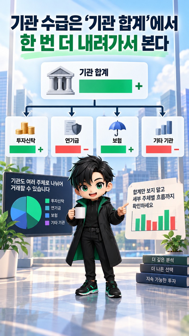 주식 수급 분석 방법 주식 수급 분석 방법, 외국인·기관 순매수는 금액·지속성·가격까지 같이 봐야 한다 - 기관 수급은 ‘기관 합계’에서 한 번 더 내려가서 본다 핵심 내용을 정리한 정보형 이미지