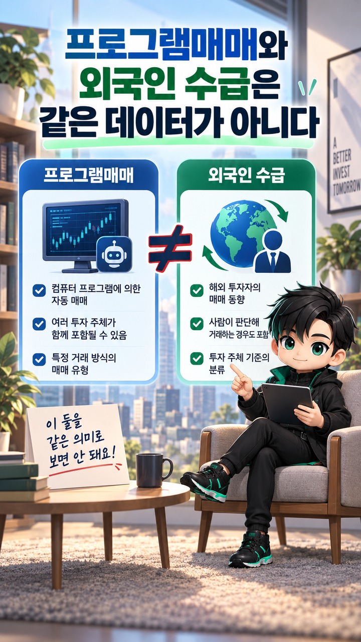 주식 수급 분석 방법 주식 수급 분석 방법, 외국인·기관 순매수는 금액·지속성·가격까지 같이 봐야 한다 - 프로그램매매와 외국인 수급은 같은 데이터가 아니다 핵심 내용을 정리한 정보형 이미지
