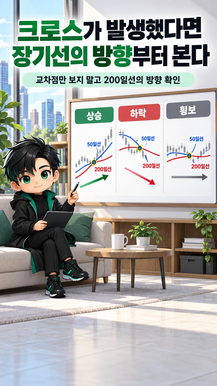 EMA·MA 크로스오버로 중장기 추세 전환 읽는 법 EMA·MA 크로스오버로 중장기 추세 전환 읽는 법: 50일·200일선과 확인 조건 - 크로스가 발생했다면 장기선의 방향부터 본다 핵심 내용을 정리한 정보형 이미지