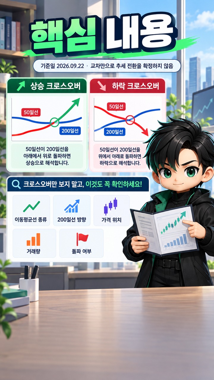 50일·200일 EMA·이동평균선 크로스오버 읽는 법 50일·200일 EMA·이동평균선 크로스오버 읽는 법: 교차보다 먼저 볼 3가지 - 핵심 내용 핵심 내용을 정리한 정보형 이미지