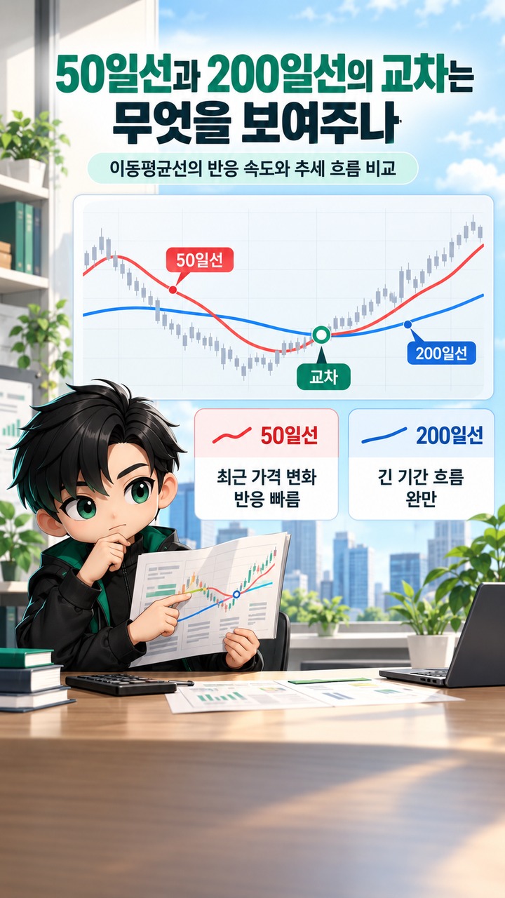 50일·200일 EMA·이동평균선 크로스오버 읽는 법 50일·200일 EMA·이동평균선 크로스오버 읽는 법: 교차보다 먼저 볼 3가지 - 50일선과 200일선의 교차는 무엇을 보여주나 핵심 내용을 정리한 정보형 이미지