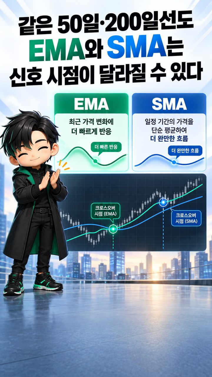 50일·200일 EMA·이동평균선 크로스오버 읽는 법 50일·200일 EMA·이동평균선 크로스오버 읽는 법: 교차보다 먼저 볼 3가지 - 중장기 추세 전환은 200일선의 방향과 가격 위치부터 확인한다 핵심 내용을 정리한 정보형 이미지