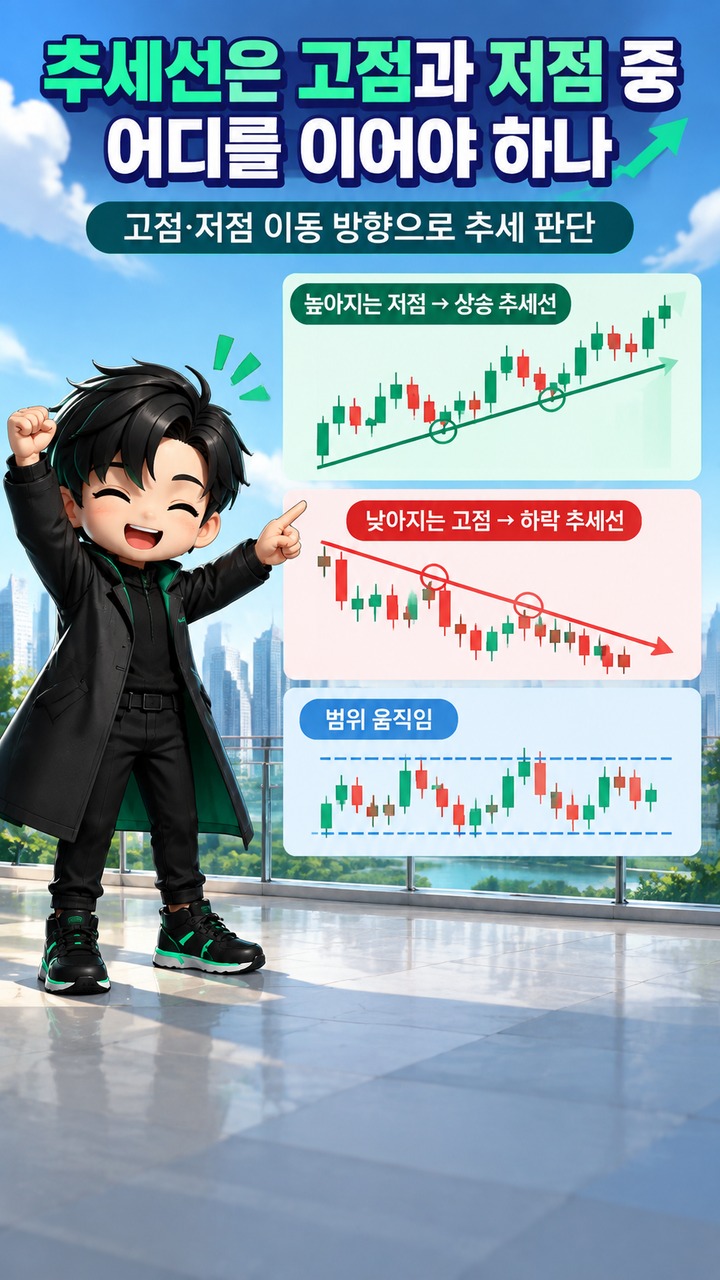 추세선·지지저항·캔들 패턴 읽는 법, 가격 구조에서 신호까지 연결하는 순서 - 추세선은 고점과 저점 중 어디를 이어야 하나 핵심 내용을 정리한 정보형 이미지