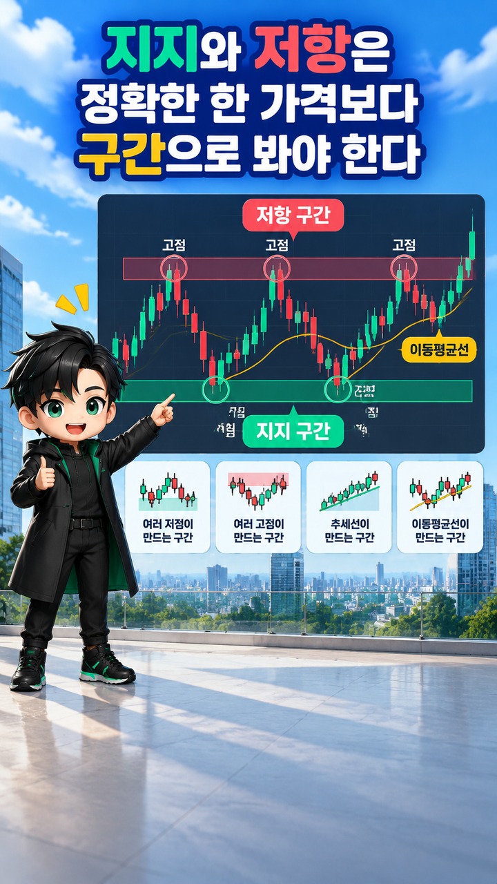 추세선·지지저항·캔들 패턴 읽는 법, 가격 구조에서 신호까지 연결하는 순서 - 지지와 저항은 정확한 한 가격보다 구간으로 봐야 한다 핵심 내용을 정리한 정보형 이미지