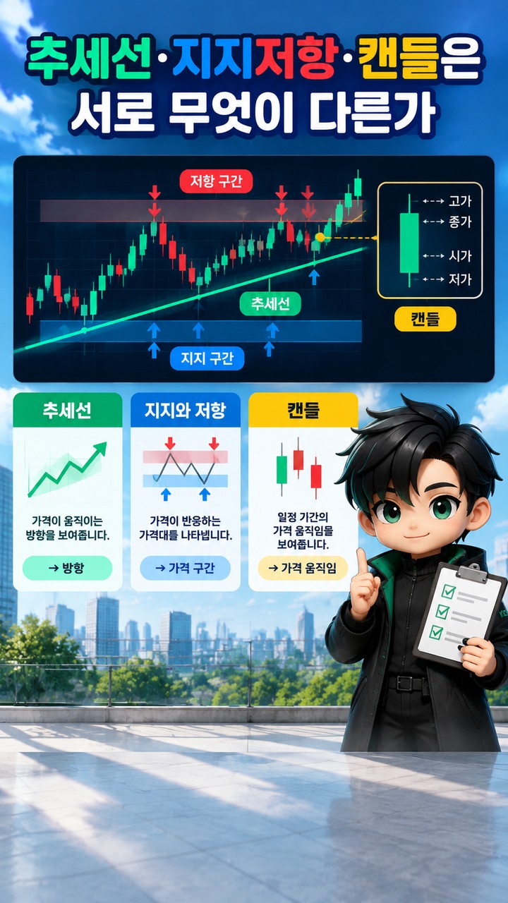 추세선·지지저항·캔들 패턴 읽는 법, 가격 구조에서 신호까지 연결하는 순서 - 추세선·지지저항·캔들은 서로 무엇이 다른가 핵심 내용을 정리한 정보형 이미지