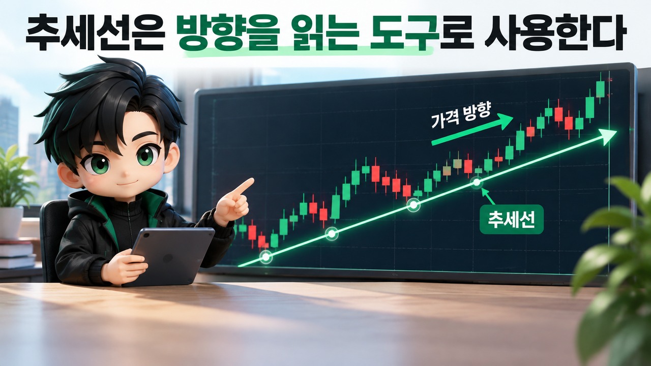 추세선·지지저항·캔들 패턴 읽는 순서, 가격 구조에서 신호까지 연결하는 방법 - 추세선은 방향을 읽는 도구로 사용한다 핵심 내용을 정리한 정보형 이미지