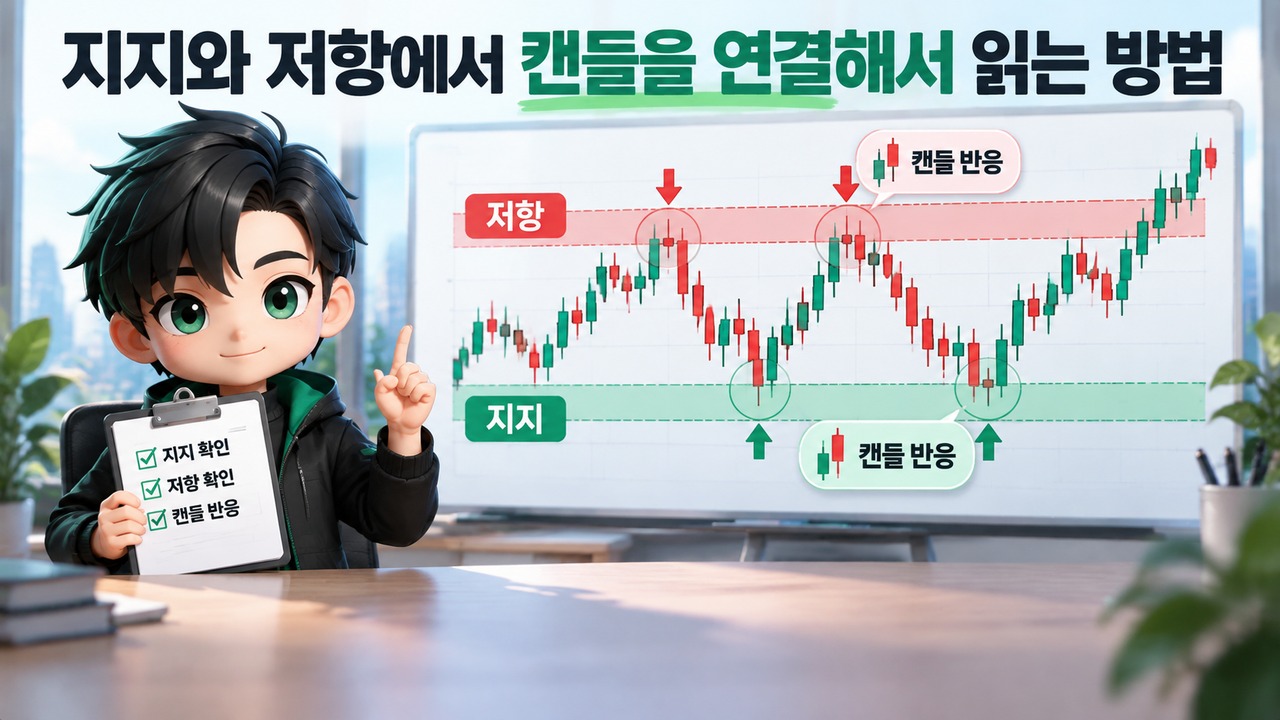 추세선·지지저항·캔들 패턴 읽는 순서, 가격 구조에서 신호까지 연결하는 방법 - 지지와 저항에서 캔들을 연결해서 읽는 방법 핵심 내용을 정리한 정보형 이미지