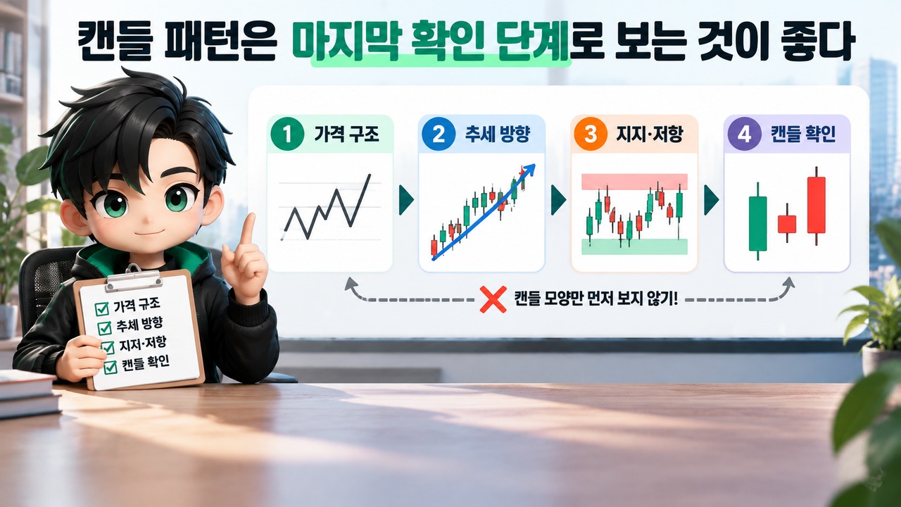 추세선·지지저항·캔들 패턴 읽는 순서, 가격 구조에서 신호까지 연결하는 방법 - 캔들 패턴은 마지막 확인 단계로 보는 것이 좋다 핵심 내용을 정리한 정보형 이미지