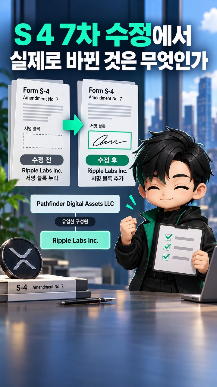 XRP 재무사 에버노스 S-4 7차 수정, 실제 변경은 리플 서명란…다음은 9월 30일 주주투표 - S 4 7차 수정에서 실제로 바뀐 것은 무엇인가 핵심 내용을 정리한 정보형 이미지