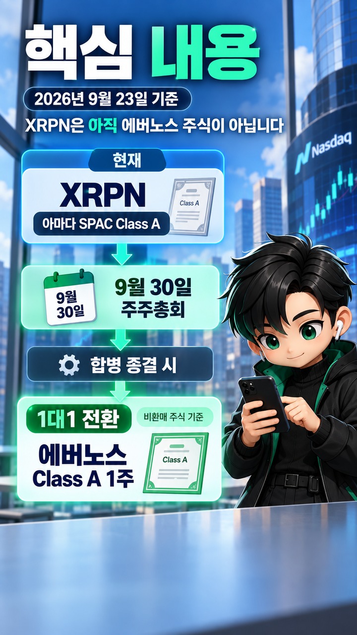 XRPN 지금 사면 에버노스 주식일까? 합병 전에는 아마다 SPAC, 종결되면 1대1 전환 - 핵심 내용 핵심 내용을 정리한 정보형 이미지