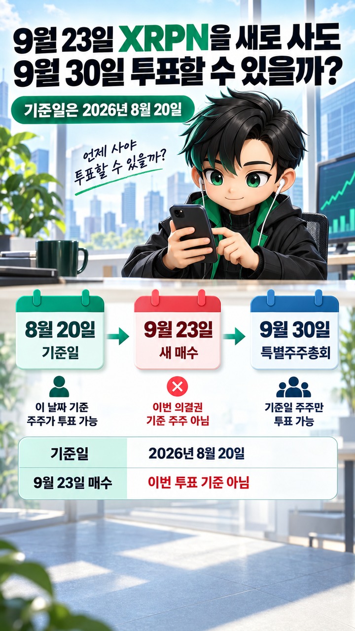 XRPN 지금 사면 에버노스 주식일까? 합병 전에는 아마다 SPAC, 종결되면 1대1 전환 - 9월 23일 XRPN을 새로 사도 9월 30일 투표할 수 있을까? 핵심 내용을 정리한 정보형 이미지