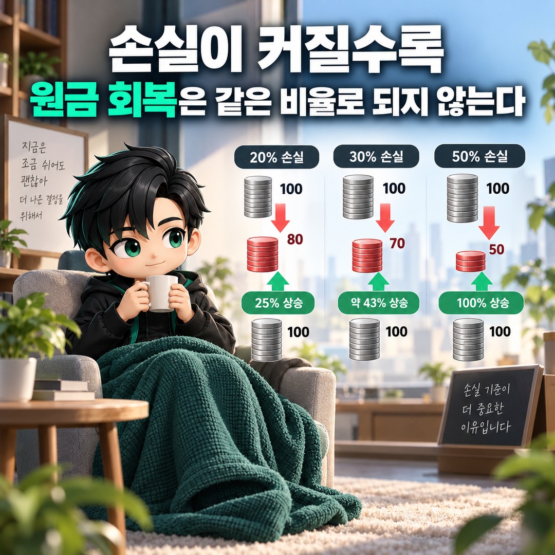 주식·코인 투자 초보가 알아야 할 것, 수익률보다 손실 기준이 먼저인 이유 - 손실이 커질수록 원금 회복은 같은 비율로 되지 않는다 핵심 내용을 정리한 정보형 이미지
