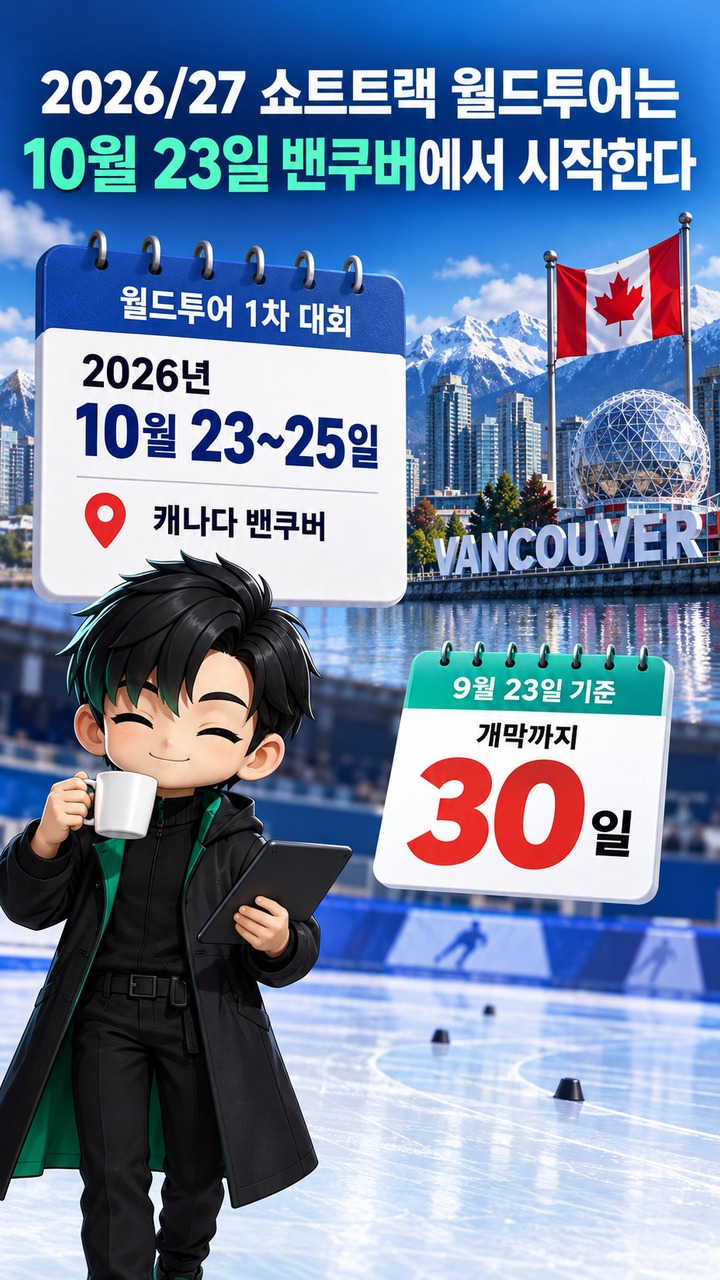 쇼트트랙 서울 월드투어 11월 20~22일, ‘12월 4차’ 정보와 현재 일정 비교 - 2026/27 쇼트트랙 월드투어는 10월 23일 밴쿠버에서 시작한다 핵심 내용을 정리한 정보형 이미지