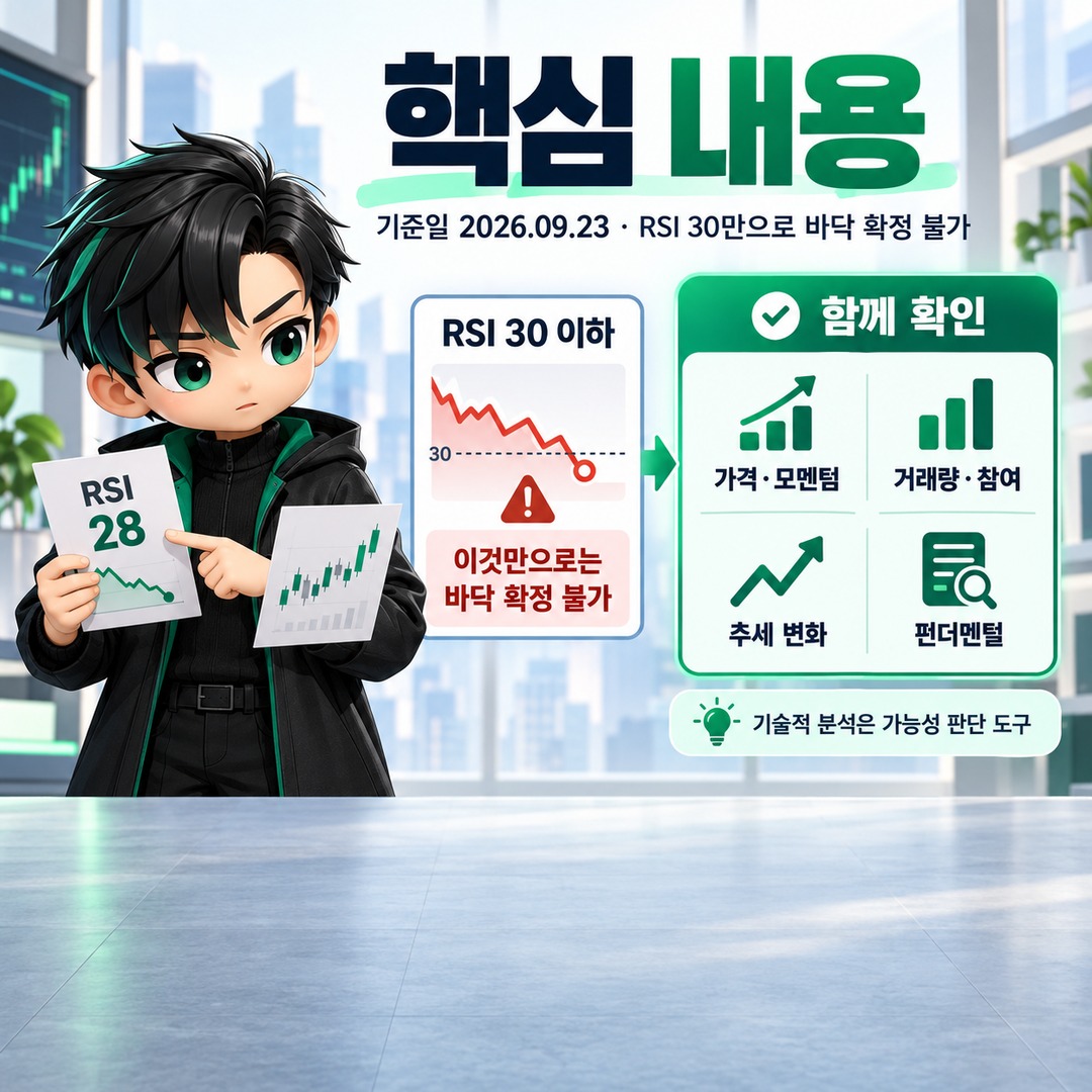 주식 바닥 구분방법, RSI 30보다 먼저 봐야 할 4가지 신호 - 핵심 내용 핵심 내용을 정리한 정보형 이미지