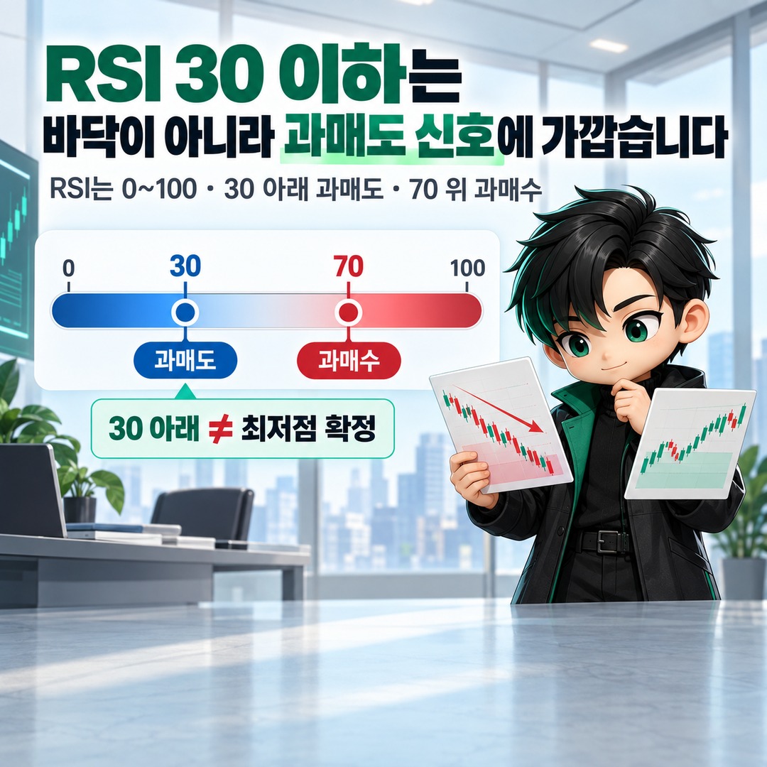 주식 바닥 구분방법, RSI 30보다 먼저 봐야 할 4가지 신호 - RSI 30 이하는 바닥이 아니라 과매도 신호에 가깝습니다 핵심 내용을 정리한 정보형 이미지