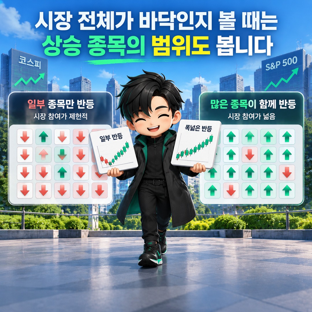 주식 바닥 구분방법, RSI 30보다 먼저 봐야 할 4가지 신호 - 시장 전체가 바닥인지 볼 때는 상승 종목의 범위도 봅니다 핵심 내용을 정리한 정보형 이미지