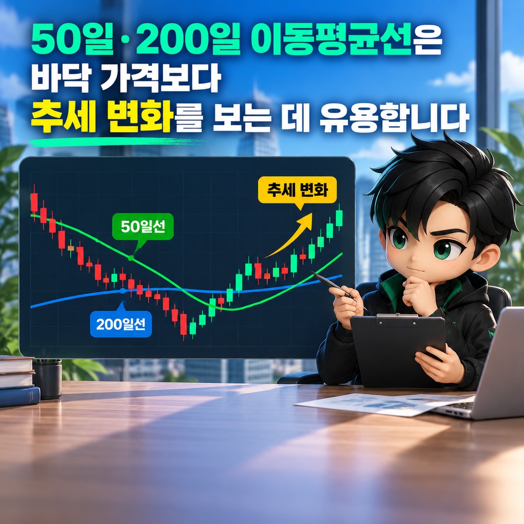 주식 바닥 구분방법, RSI 30보다 먼저 봐야 할 4가지 신호 - 50일·200일 이동평균선은 바닥 가격보다 추세 변화를 보는 데 유용합니다 핵심 내용을 정리한 정보형 이미지