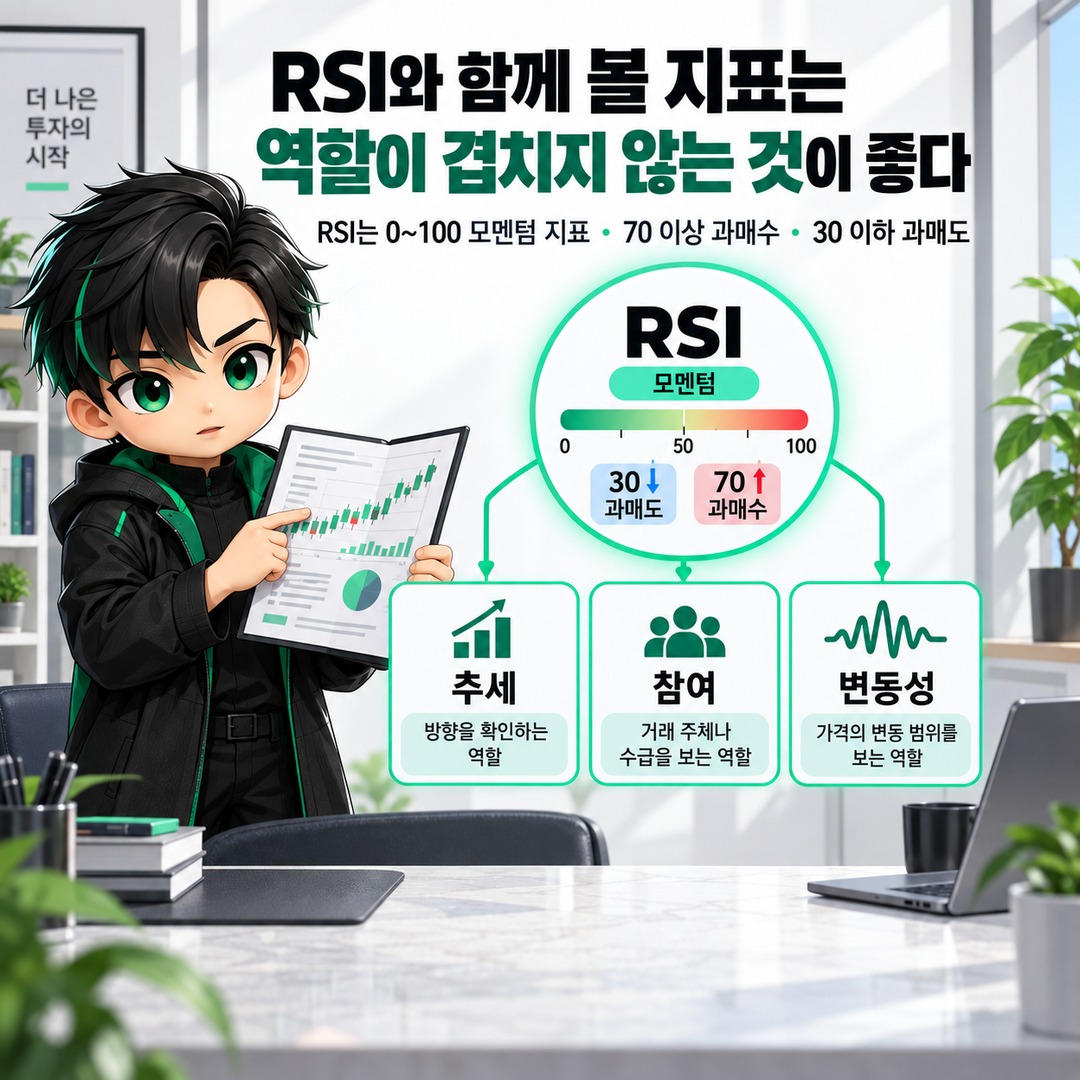 RSI와 같이 보면 좋은 지표 5가지, 이동평균선·거래량부터 보는 이유 - RSI와 함께 볼 지표는 역할이 겹치지 않는 것이 좋다 핵심 내용을 정리한 정보형 이미지