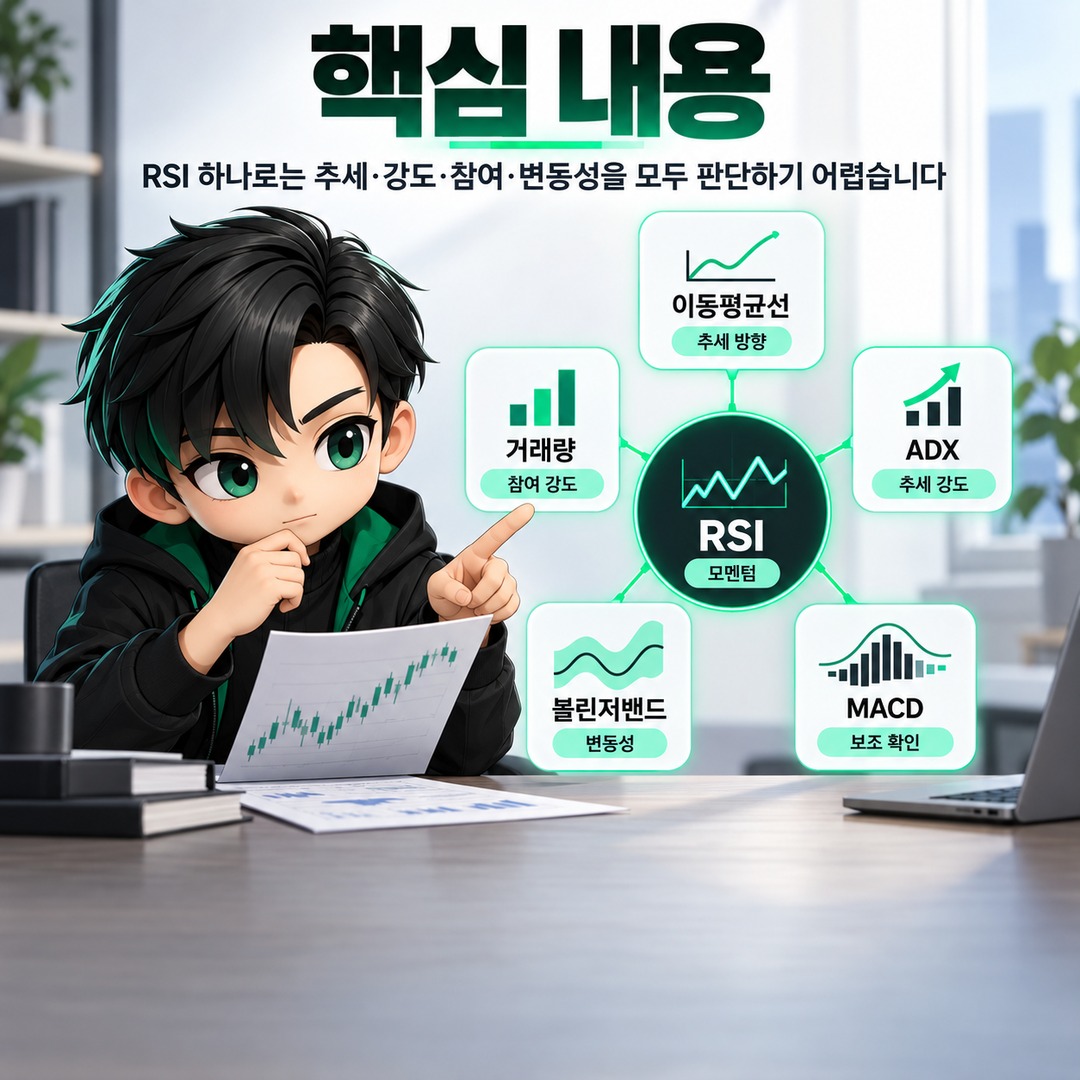 RSI와 같이 보면 좋은 지표 5가지, 이동평균선·거래량부터 보는 이유 - RSI 신호에 거래량이 붙었는지 확인한다 핵심 내용을 정리한 정보형 이미지