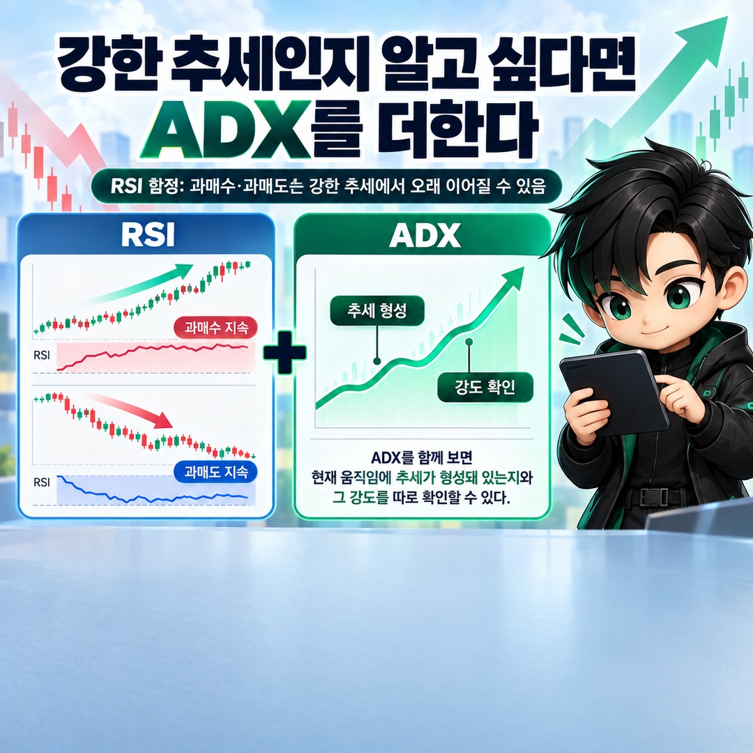 RSI와 같이 보면 좋은 지표 5가지, 이동평균선·거래량부터 보는 이유 - 강한 추세인지 알고 싶다면 ADX를 더한다 핵심 내용을 정리한 정보형 이미지