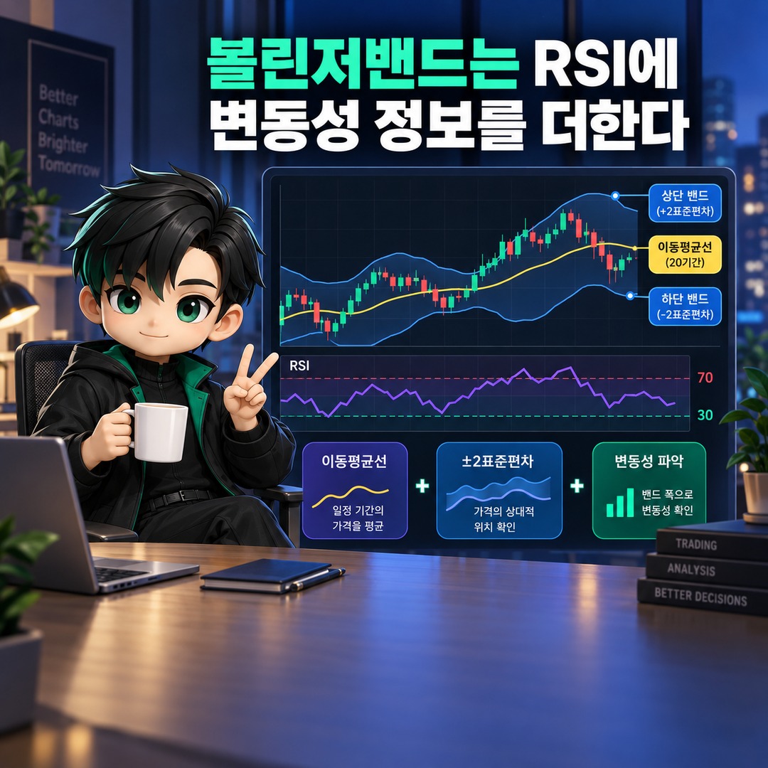 RSI와 같이 보면 좋은 지표 5가지, 이동평균선·거래량부터 보는 이유 - 볼린저밴드는 RSI에 변동성 정보를 더한다 핵심 내용을 정리한 정보형 이미지