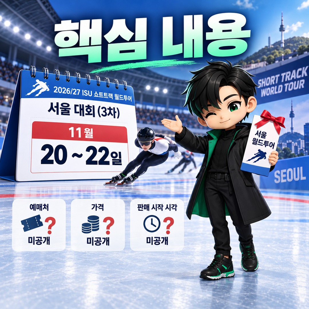 쇼트트랙 서울 월드투어 티켓 예매 언제 열리나? 11월 20~22일 확정, 예매처·가격은 아직 미공개 - 핵심 내용 핵심 내용을 정리한 정보형 이미지