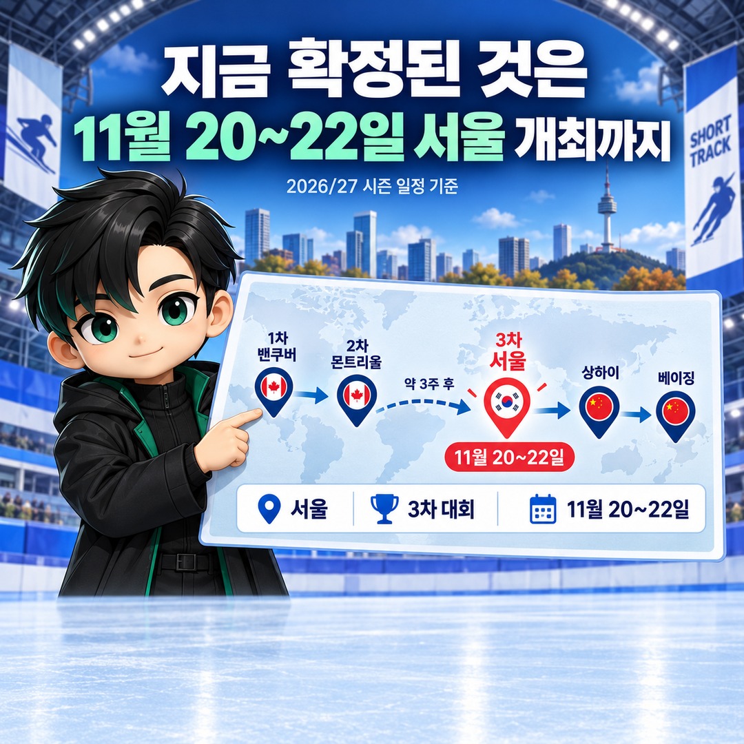 쇼트트랙 서울 월드투어 티켓 예매 언제 열리나? 11월 20~22일 확정, 예매처·가격은 아직 미공개 - 지금 확정된 것은 11월 20~22일 서울 개최까지 핵심 내용을 정리한 정보형 이미지