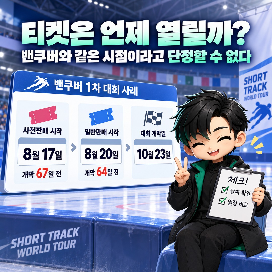 쇼트트랙 서울 월드투어 티켓 예매 언제 열리나? 11월 20~22일 확정, 예매처·가격은 아직 미공개 - 티켓은 언제 열릴까? 밴쿠버와 같은 시점이라고 단정할 수 없다 핵심 내용을 정리한 정보형 이미지