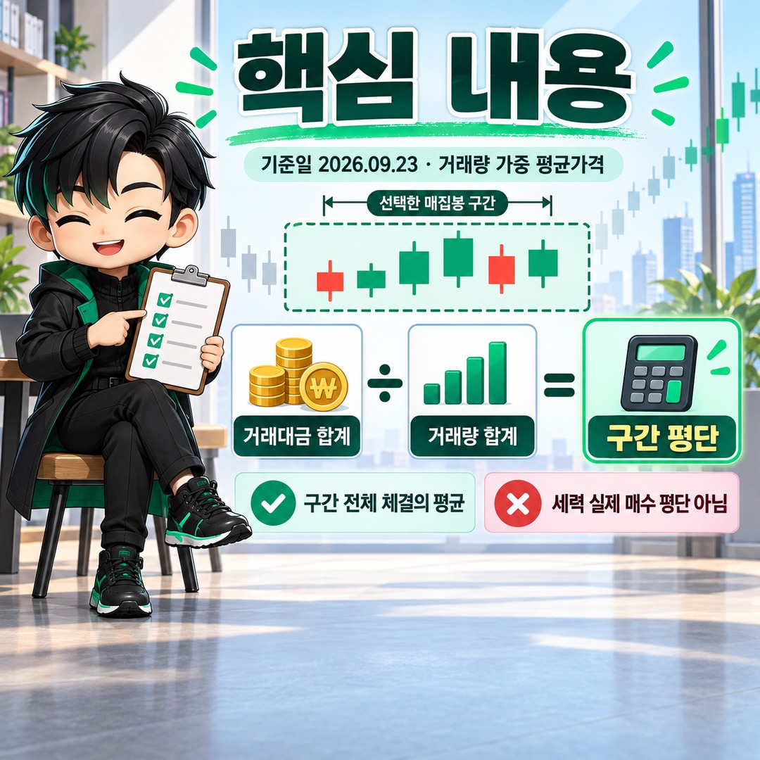 주식·코인 매집봉 평단가 계산법, 거래대금÷거래량과 ‘세력 평단’의 차이 - 핵심 내용 핵심 내용을 정리한 정보형 이미지