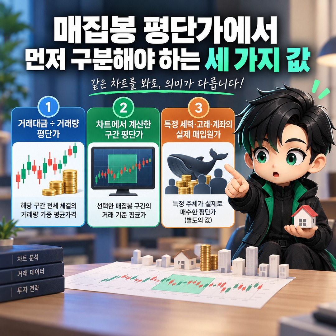 주식·코인 매집봉 평단가 계산법, 거래대금÷거래량과 ‘세력 평단’의 차이 - 매집봉 평단가에서 먼저 구분해야 하는 세 가지 값 핵심 내용을 정리한 정보형 이미지