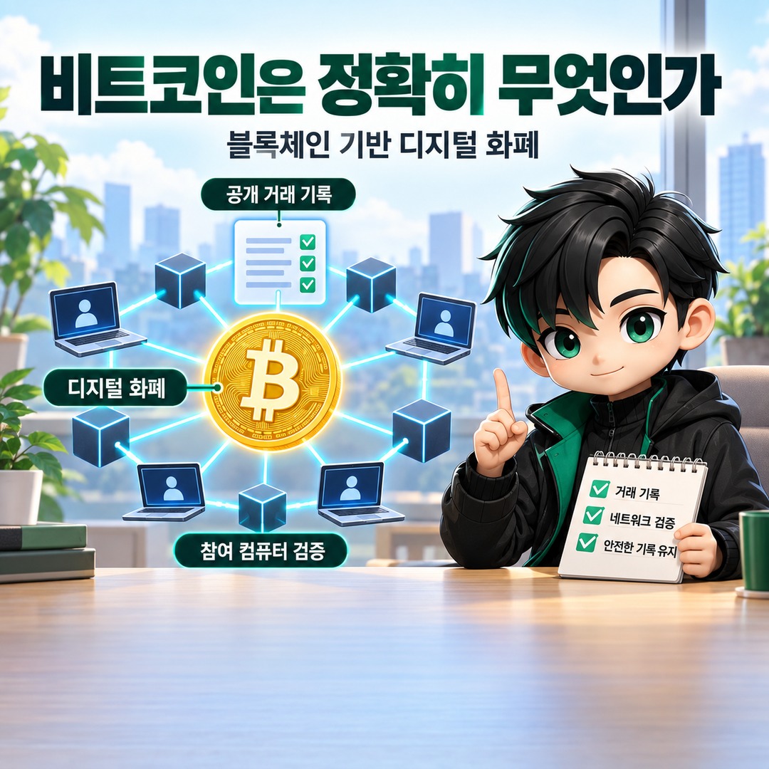 비트코인이란 무엇일까? 블록체인으로 움직이는 디지털 화폐의 구조와 특징 - 비트코인은 정확히 무엇인가 핵심 내용을 정리한 정보형 이미지
