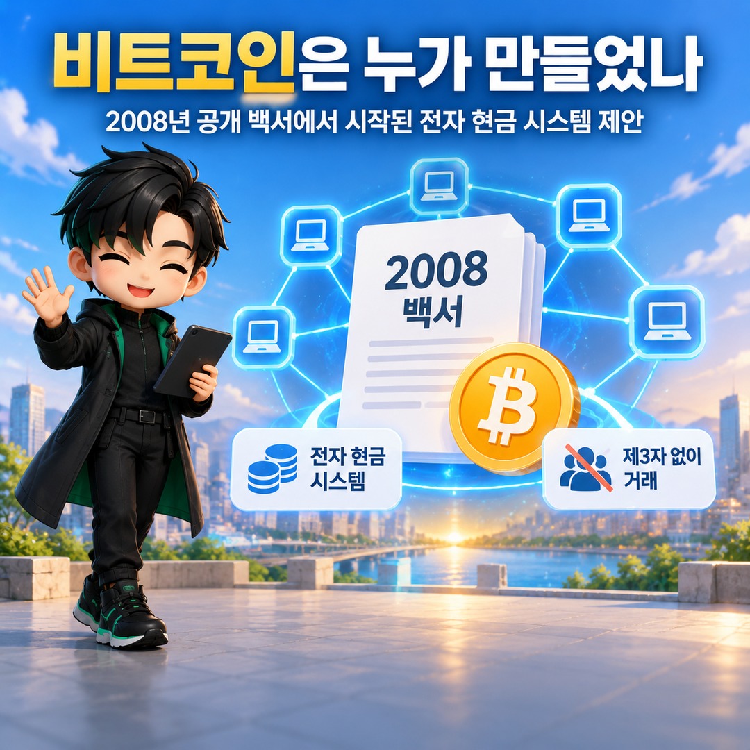비트코인이란 무엇일까? 블록체인으로 움직이는 디지털 화폐의 구조와 특징 - 비트코인은 누가 만들었나 핵심 내용을 정리한 정보형 이미지