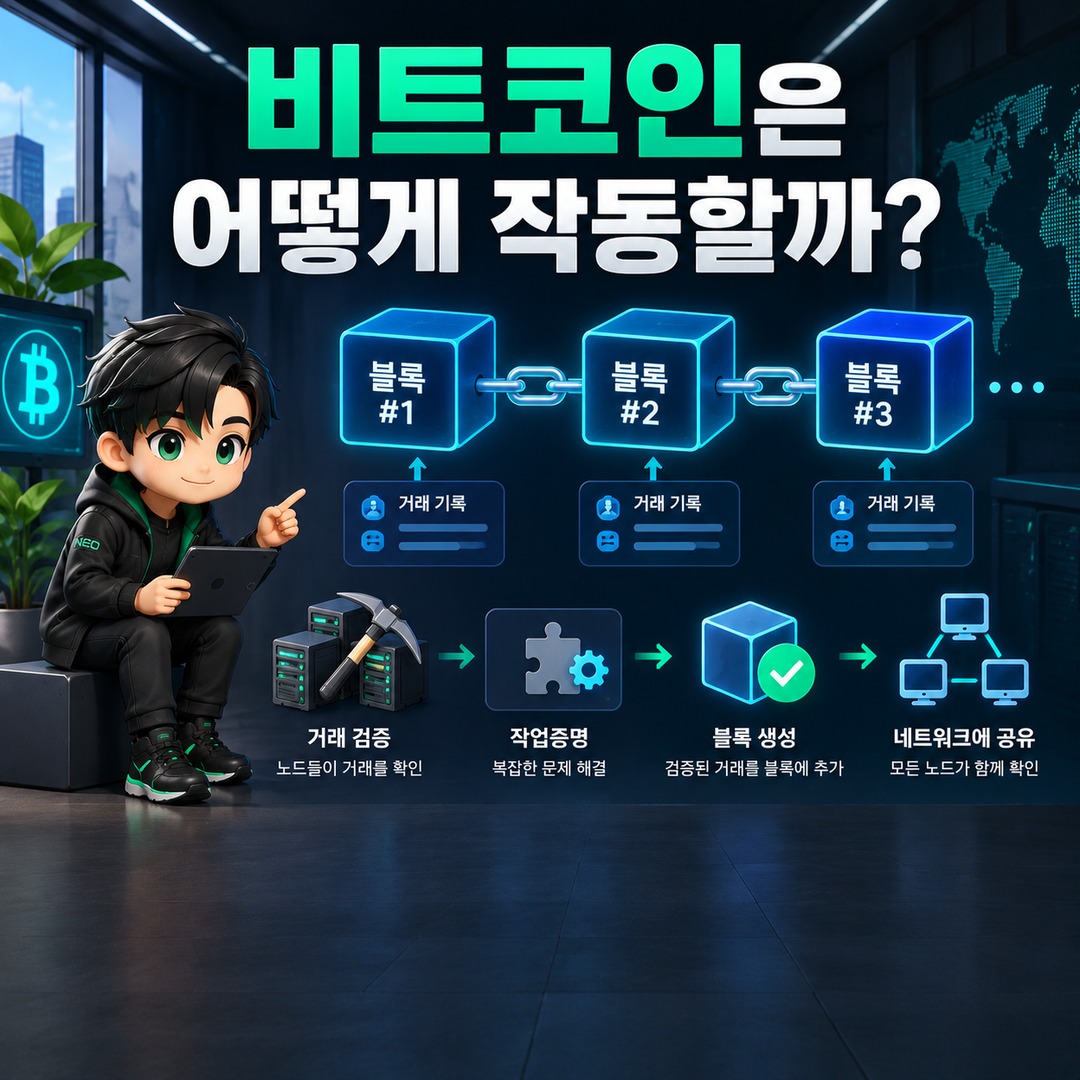 비트코인이란 무엇일까? 블록체인으로 움직이는 디지털 화폐의 구조와 특징 - 비트코인은 어떻게 작동할까 핵심 내용을 정리한 정보형 이미지