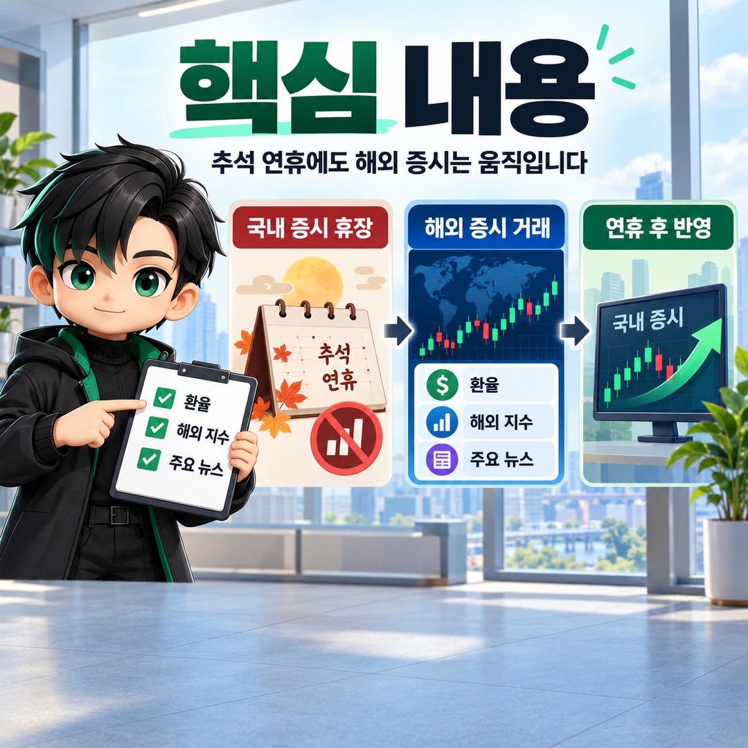 추석 연휴 국내 증시 휴장 때 해외주식은 왜 움직일까? 3일 공백에서 확인할 변수 - 핵심 내용 핵심 내용을 정리한 정보형 이미지