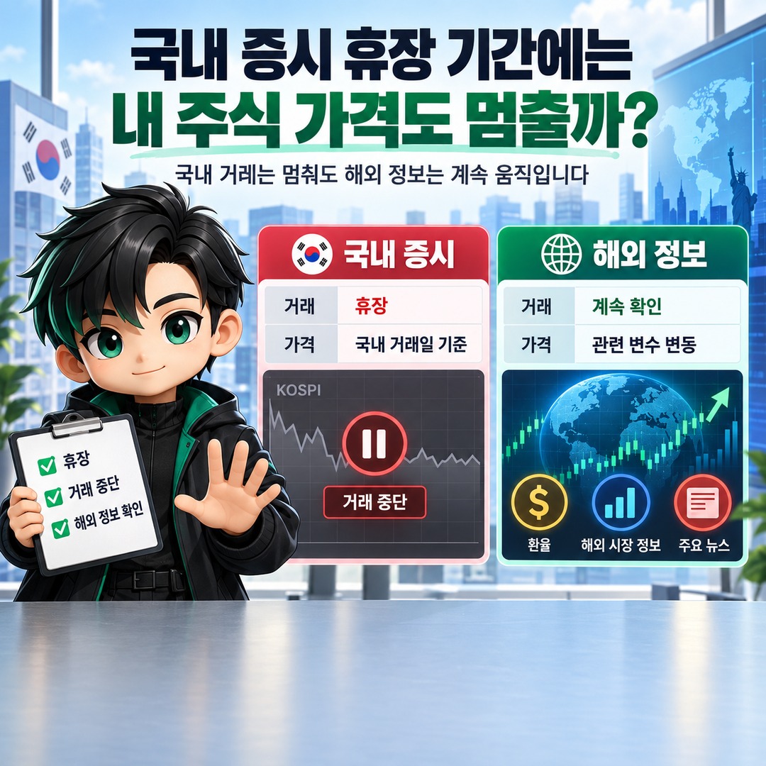 추석 연휴 국내 증시 휴장 때 해외주식은 왜 움직일까? 3일 공백에서 확인할 변수 - 국내 증시 휴장 기간에는 내 주식 가격도 멈출까? 핵심 내용을 정리한 정보형 이미지