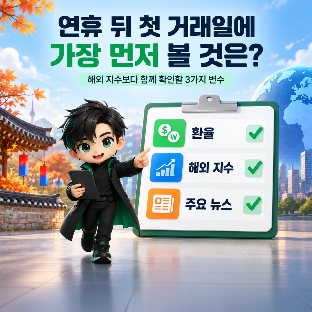 추석 연휴 국내 증시 휴장 때 해외주식은 왜 움직일까? 3일 공백에서 확인할 변수 - 연휴 뒤 첫 거래일에 가장 먼저 볼 것은 무엇일까? 핵심 내용을 정리한 정보형 이미지