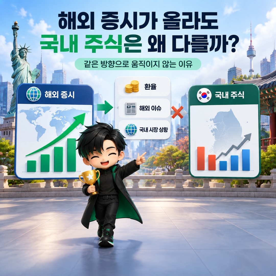 추석 연휴 국내 증시 휴장 때 해외주식은 왜 움직일까? 3일 공백에서 확인할 변수 - 해외 증시가 올라도 국내 주식이 바로 오르지 않는 이유 핵심 내용을 정리한 정보형 이미지