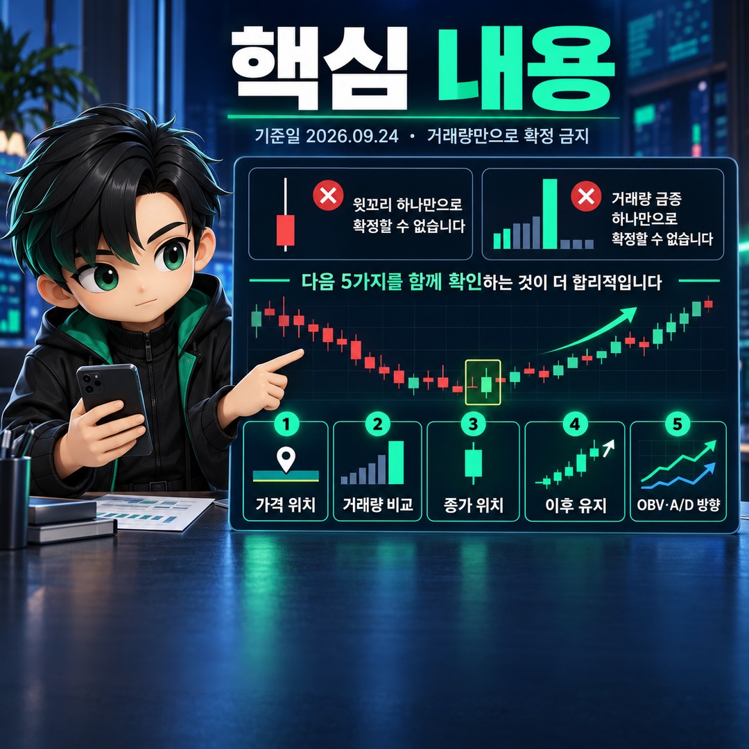 주식·코인 매집봉 구별법, 거래량만 보지 말고 5단계로 확인 - 핵심 내용 핵심 내용을 정리한 정보형 이미지