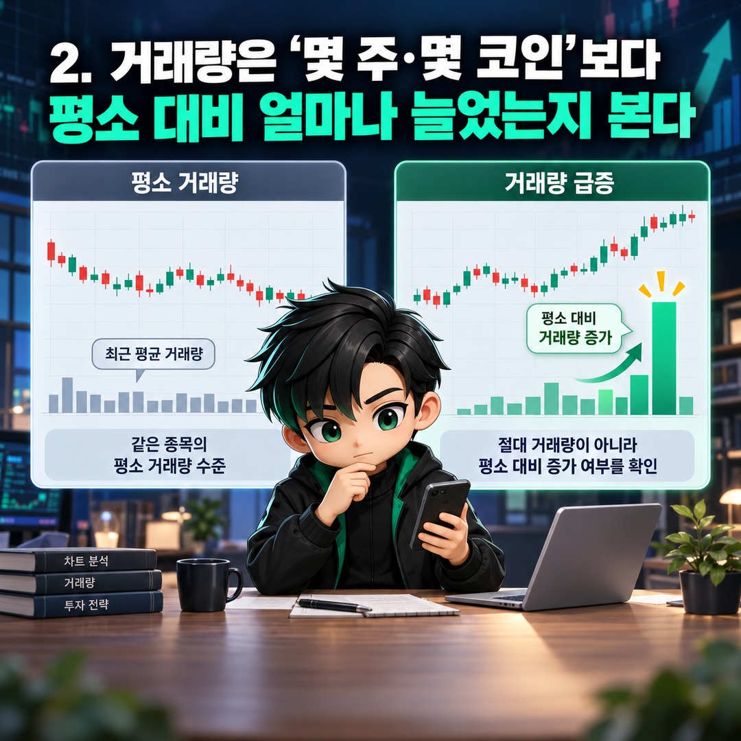 주식·코인 매집봉 구별법, 거래량만 보지 말고 5단계로 확인 - 2. 거래량은 ‘몇 주·몇 코인’보다 평소 대비 얼마나 늘었는지 본다 핵심 내용을 정리한 정보형 이미지