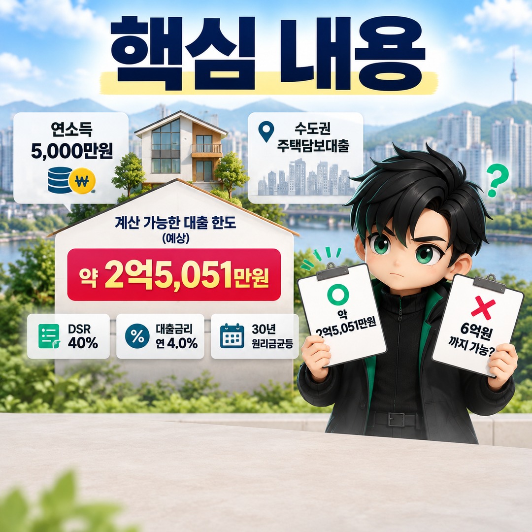 연소득 5000만원 주택담보대출, 수도권은 약 2억5000만원부터 계산해야 하는 이유 - 핵심 내용 핵심 내용을 정리한 정보형 이미지