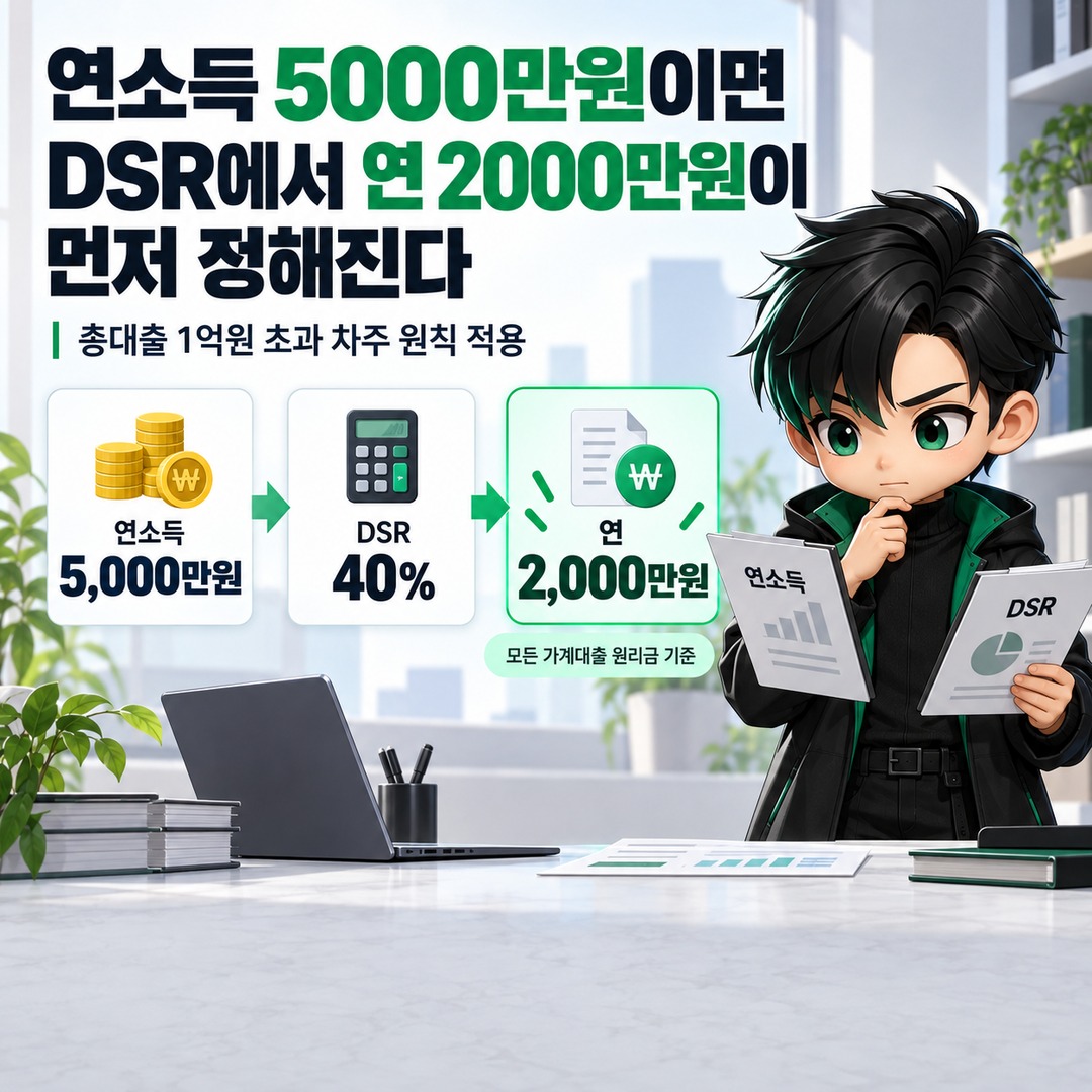 연소득 5000만원 주택담보대출, 수도권은 약 2억5000만원부터 계산해야 하는 이유 - 연소득 5000만원이면 DSR에서 연 2000만원이 먼저 정해진다 핵심 내용을 정리한 정보형 이미지
