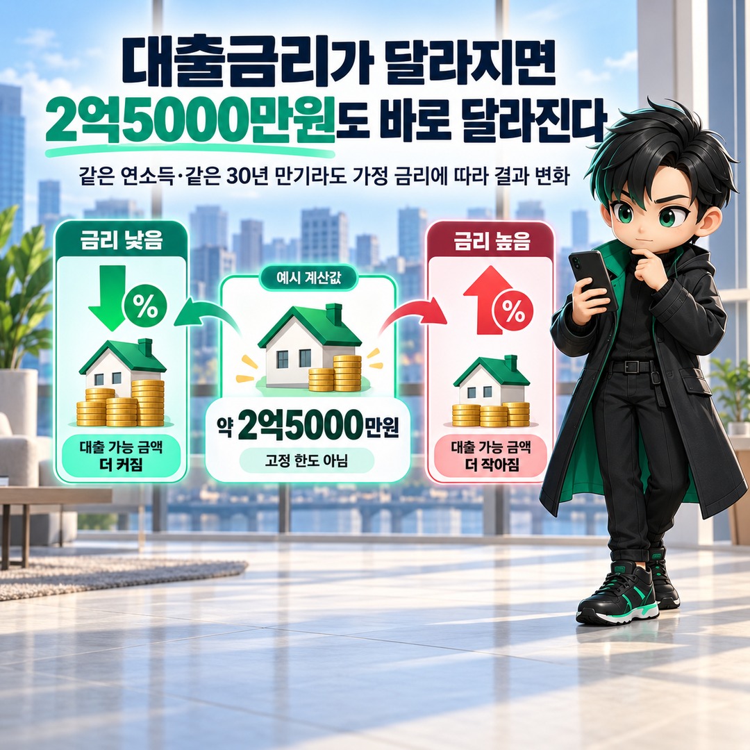 연소득 5000만원 주택담보대출, 수도권은 약 2억5000만원부터 계산해야 하는 이유 - 대출금리가 달라지면 2억5000만원도 바로 달라진다 핵심 내용을 정리한 정보형 이미지