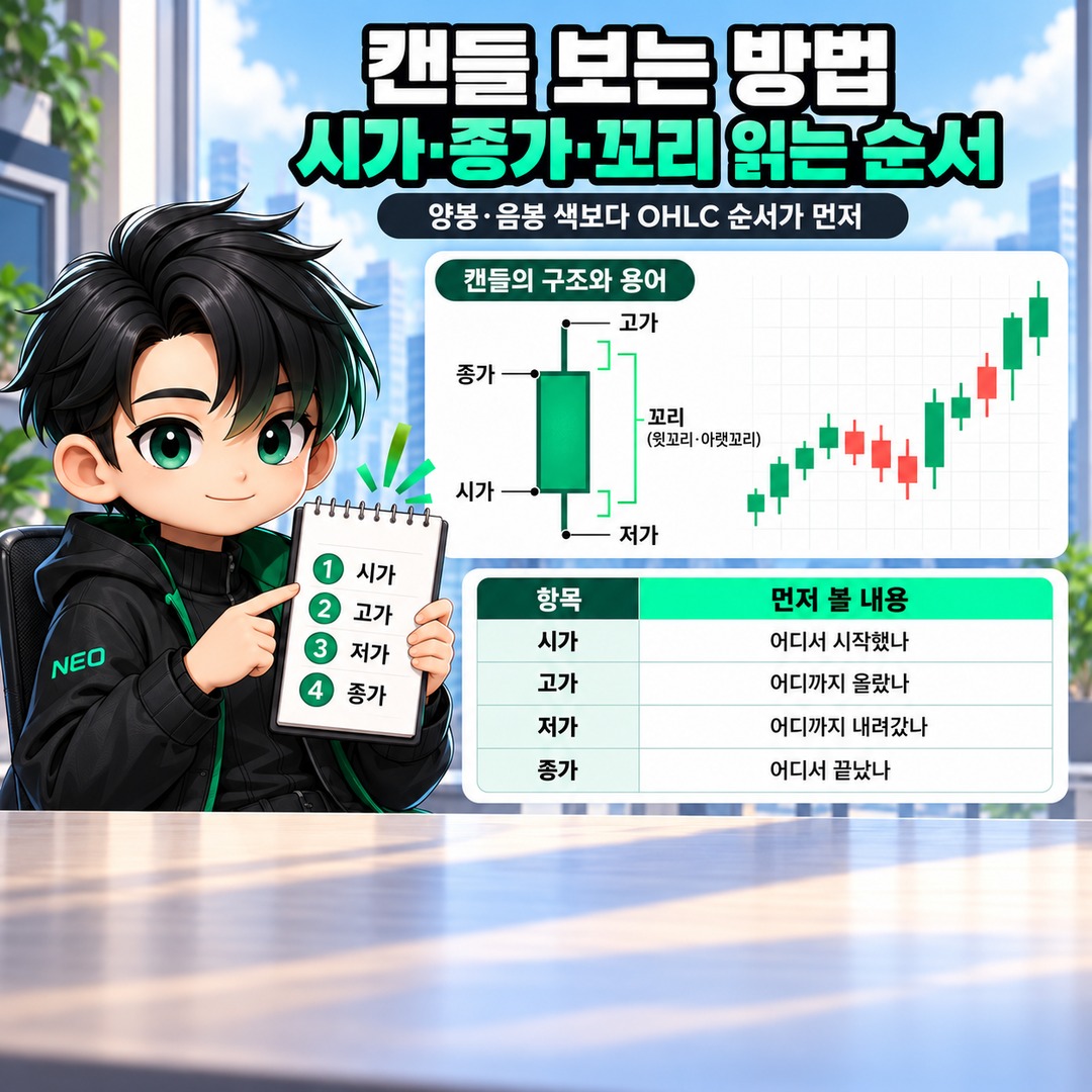 캔들 보는 방법, 양봉·음봉보다 먼저 시가·종가·꼬리를 읽는 순서 - 양봉과 음봉은 전날 가격이 아니라 시가와 종가로 구분한다 핵심 내용을 정리한 정보형 이미지