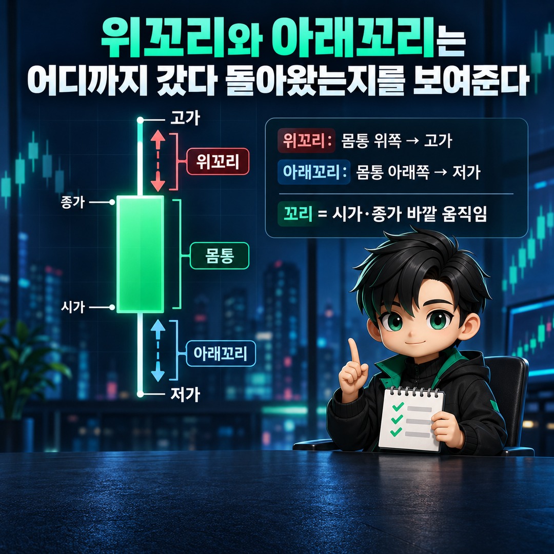 캔들 보는 방법, 양봉·음봉보다 먼저 시가·종가·꼬리를 읽는 순서 - 위꼬리와 아래꼬리는 어디까지 갔다 돌아왔는지를 보여준다 핵심 내용을 정리한 정보형 이미지