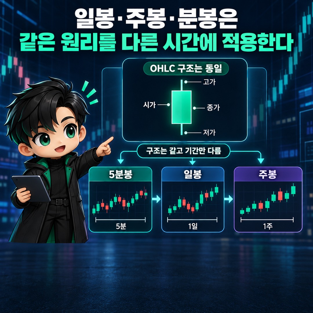 캔들 보는 방법, 양봉·음봉보다 먼저 시가·종가·꼬리를 읽는 순서 - 일봉·주봉·분봉은 같은 원리를 다른 시간에 적용한다 핵심 내용을 정리한 정보형 이미지